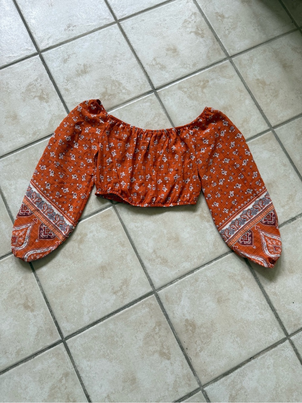 Rust Orange Boho Off-Shoulder Crop Top